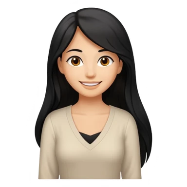 medium tan woman with long black hair past middle of back, round brwn eyes, white v neck blouse smiling. sticker