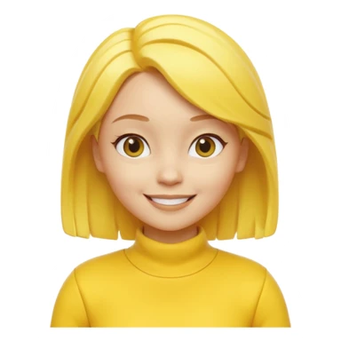 A 3D cartoon female character fully in yellow tones — skin, hair, and outfit all yellow — smiling gently, medium-length hair, cinematic Memoji-style rendering, cohesive with other yellow character sticker