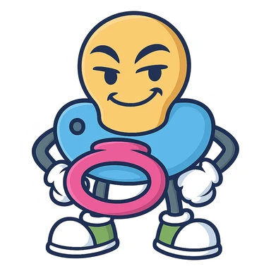 Create the pacifier character in a hands-on-hips pose, smirking mischievously, keeping the same style, colors, and personality as the reference image. Transparent background. sticker