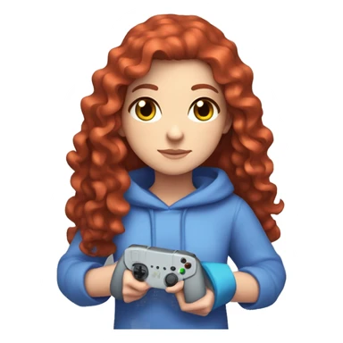 a white girl with long red curly hair, wearing periwinkle Minecraft hoodie holding a controller sticker