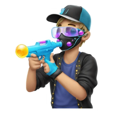 Caucasian boy in rave gear with mask and hat and shooting a bubble gun sticker