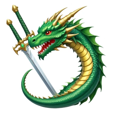 massive sword and green dragon head, clean and bold, WhatsApp emoji style, transparent background, evoking the spirit of facing a challenge sticker