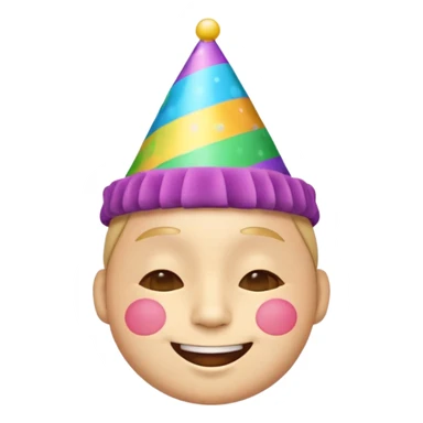 birthday face emoji, smiling with closed eyes, wearing a colorful party hat sticker
