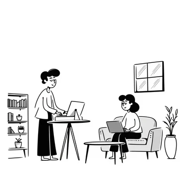 escenary 3d of a cozy mid-century living room with two people working on laptops, one man standing at a desk and one woman sitting on a couch, two walls and floor visible sticker