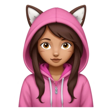 Girl with long dark brown hair wearing a pink white fox hoodie sticker
