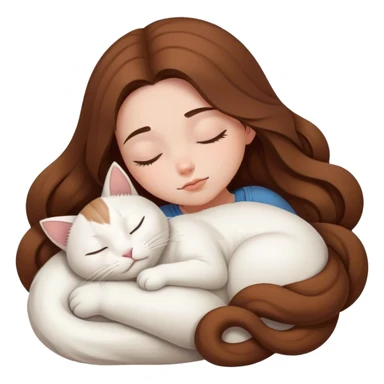 A pretty white girl with very long brown hair and sleeping curled up to a white cat  sticker