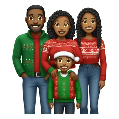 Black family of four members with Dad, Mom, Son, and Daughter. The Son and Daughter are teenagers. The Mom has braids. The Dad is light skinned.All family members are wearing Christmas sweaters and Santa hats.  sticker