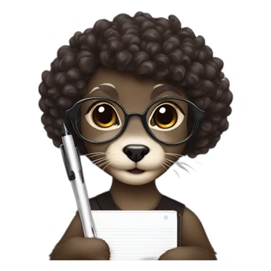 female Otter with round glasses and black curly hair holding a couple journals and a pen sticker
