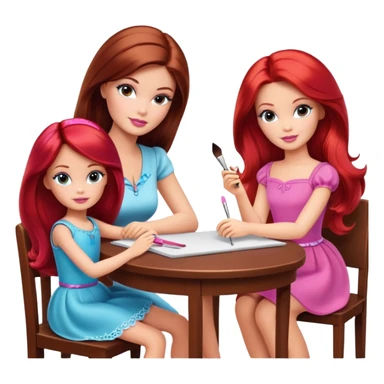 A Barbie girl with makeup, with long dark brown hair, with a child, a daughter with red hair, sitting at a table sticker