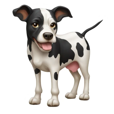 A dog with a cow sticker