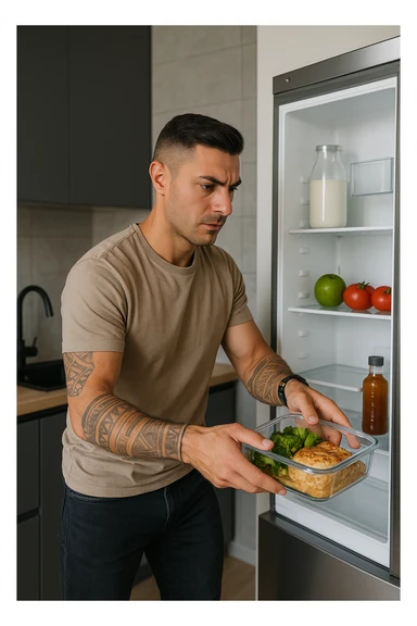 Uomo che mette nel frigo il suo pasto cucinato sticker