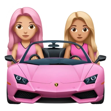 Make car far away so I can see full car Car facing forward in sports car. Make hair long  two girls in car far away Front of car sitting in the seats. Make it a pink sports car. They are two baddies make it a Lamborghini pink car  sticker