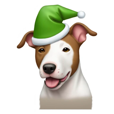 All brown bull terrier wearing a Christmas hat sticker