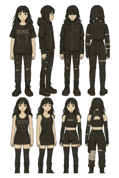 outfit designs for a VTUBER OC. The style is mixed 90's grunge, punk, lots of black and white in the color scheme, futuristic aesthetic. Clothing has small rips and tears from wear, logos and designs are faded. Garage, Shoegaze, postmodern style. character design concept art outfits for a female. [[FUTUREPUNK CYBERGOTH]] front on view, not 3/4 angle or any angle, perfect front, front and back view of each design,  sticker
