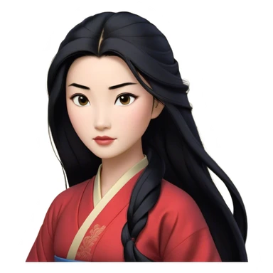 Cinematic Realistic Mulan Portrait, depicted with lifelike skin texture, soft natural lighting, and intricately detailed long black hair styled elegantly. Her deep, expressive eyes exude determination and grace, complemented by a serene yet confident expression. She is dressed in her classic attire, with rich fabric textures and delicate folds that catch the light beautifully. The portrait features a soft, enchanting glow with a natural, radiant finish, capturing the essence of timeless strength and beauty in a realistic and painterly style, evoking a sense of depth and authenticity. sticker