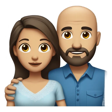 Comforting hug from brunette Puerto Rican with dark brown eyes wearing a cute blue blouse to short, bald man with brown eyes and a beard sticker