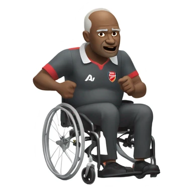 old black bald man with a round belly in wheelchair. angry face. grey stubble. he is pointing finger in front. wearing Arsenal soccer shirt. a speech bubble with the word: "Mojdeh!" sticker