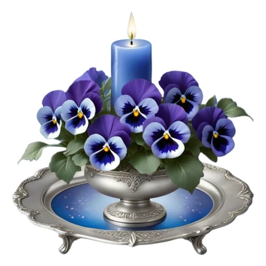 A mesmerizing nighttime scene featuring a cluster of vibrant blue pansies bathed in soft moonlight. In the background, a luminous silver crescent moon hangs low in the sky, partially veiled by delicate wisps of mist. A round, decorative candle in a shimmering pearl color rests on an ornate silver tray, its gentle glow casting flickering reflections on the surrounding petals. Tiny fireflies dance in the air, adding an ethereal touch, while a few scattered crystals glisten among the flowers. sticker