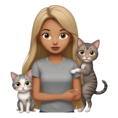 a pretty bratz dusky girl with long straight hair playing with 2 cats nd wearing a grey tshirt sticker