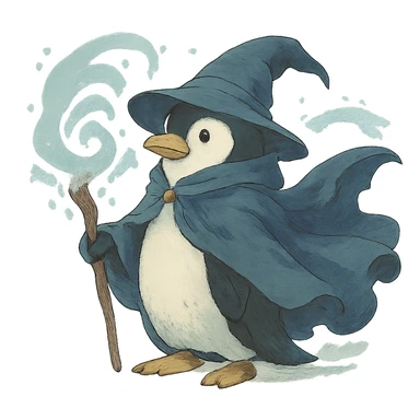 penguin wizard with a flowing cloak and magical aura sticker