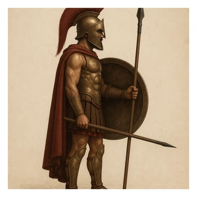 side view of spartan armor, holding shield and spear sticker