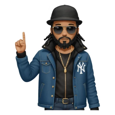 African American man with shoulder length black dreadlocks and black beard with black sunglasses wearing a black bubble winter coat with denim skinny jeans and timberland boots and a black New York Yankees baseball hat pointing finger sticker