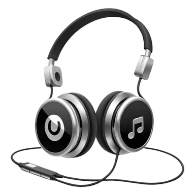 Futuristic iPod emoji with earphones, metallic black and white, smooth reflective surfaces, flat minimal vector design, clean UI style sticker