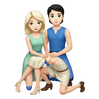 prince, upright, black Hair, blue eyes, garment,  Woman, bending knee, sleveless white dress, blonde hair, green eyes, sticker