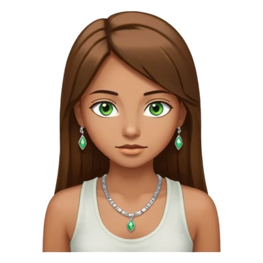 A girl with long brown straight hair, green eyes, and a white tank top; she doesn't have bangs. she wear a lot of silver jewerly tan skin sticker