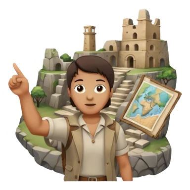 Icon for Documentary Film: A traveler in casual clothing standing and pointing towards ancient ruins, explaining history. The scene should evoke a sense of exploration, with the traveler holding a map or scroll. Include crumbling stones and historical artifacts. Transparent background. sticker