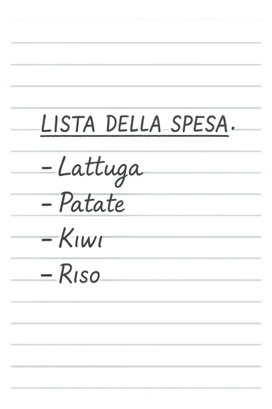 FOGLIO DI CARTA A RIGHE CON LISTA DELLA SPESA SCRITTA A PENNA:
"LISTA DELLA SPESA:
- Lattuga
- Patate
- Kiwi
- Riso", iperealistico 4k sticker