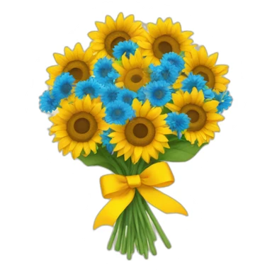 a bouquet of sunflowers tied with a yellow-blue ribbon sticker