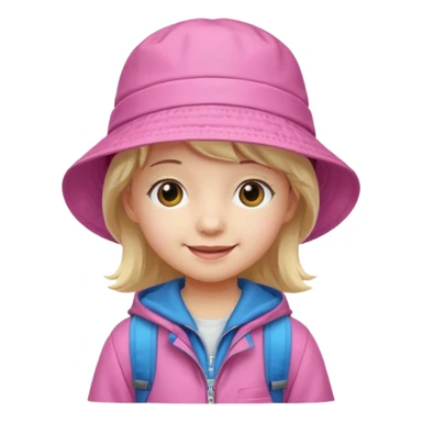Little student wears pink bucket hat and jacket, backpack, happy sticker