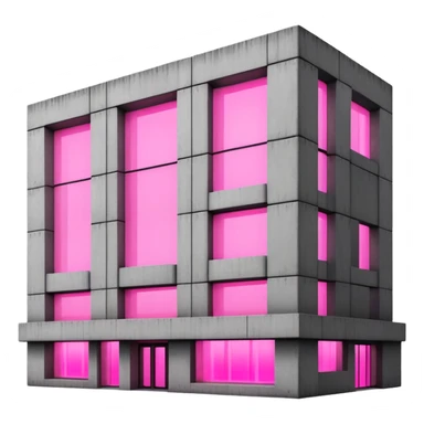 Brutalist concrete building with pink glowing window, minimalist style sticker