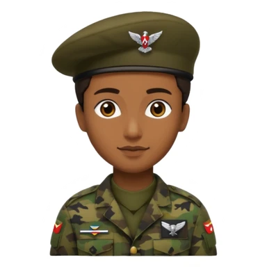 military person with pixelated woodland camouflage uniform, black beret with paratrooper emblem, brown skin, iPhone emoji style sticker