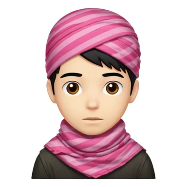 Emoji de un chico con turbante árabe que el chico sea de color piel clara y que tenga cabello negro y de fondo blanco y que tenga un pañuelo árabe de color rojo y con rayas rosas sticker