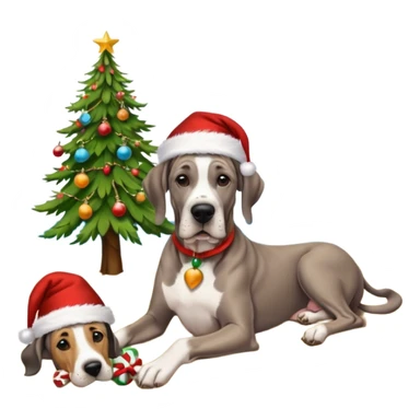 Black (no white) cropped Great Dane laying on a tropical beach with a Christmas tree and dog bones under the tree sticker
