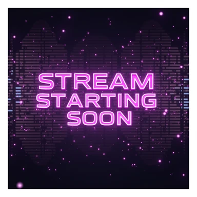 cyberpunk themed streaming overlay with 'stream starting soon' text, lavender and purple neon, glitch effects, bold futuristic font sticker
