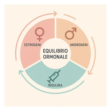 infographic with pie chart, center text 'Equilibrio Ormonale', surrounding icons of key hormones (estrogen, androgens, insulin), arrows connecting phases, clean style, pastel colors sticker