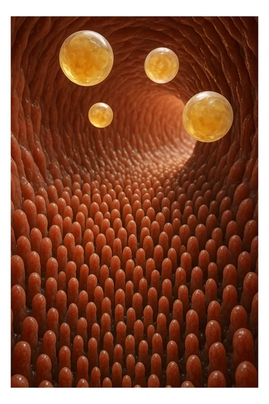 VILLI INTESTINALI CON CELLULE DI GRASSùO CHE CI FLUTTUANO SOPRA, INTERNO REALISTICO DI UN INTESTINO, IPERREALISTICO 4K sticker