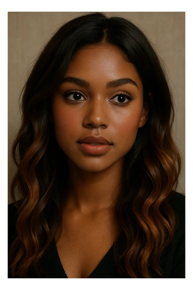 portrait of a young woman with dark skin, brunette hair with caramel balayage, brown eyes, curled lashes, blush, in a semi-realistic style sticker
