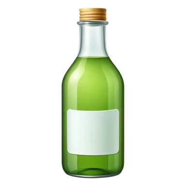 Botella verde de vidrio con etiqueta blanca con mini vaso con líquido transparente  sticker