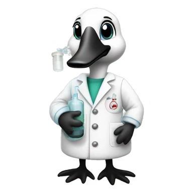 Canada goose wearing chemistry lab coat and has flask with chemicals sticker