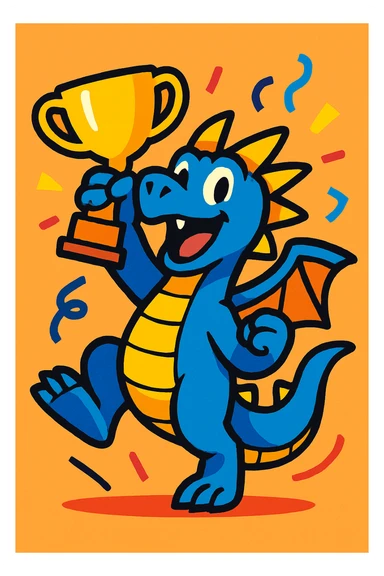 blue dragon celebrating with a trophy, fun and dynamic sticker