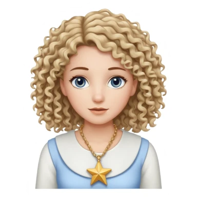 Very white woman, with blue/grey eyes, straight brown hair that is a little bit blonde and the tips are curly, cute white outfit, star neckless sticker