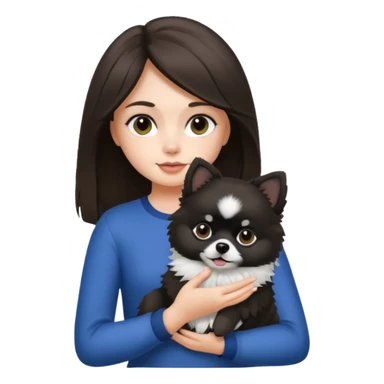 A brunette hair girl holding a black and white 1 Pomeranian dog who has black face but in the middle it’s white line sticker