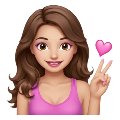 girl with long wavy brown hair, brown eyes, long lashes, sexy pink lips, light to medium complexion, wearing a pink sexy top, smiling, finger tips touching sticker