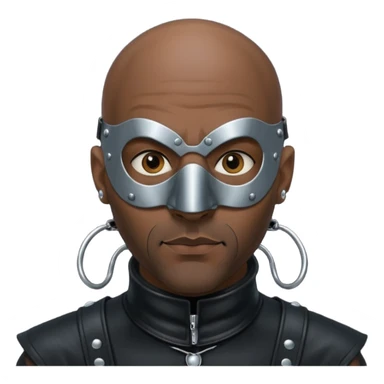 Dark guy wearing leather. Leather mask and heavy steel collar. Also bald wit a little stubble. Nose and ears pierced sticker