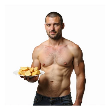 realistic man, untoned physique and dull skin, plate without fats, atmosphere of deficiency, caption in Italian: “Assenza di grassi buoni: salute compromessa”, isolated on white background sticker