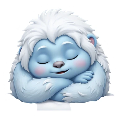 Meme-Worthy Cute Sleeping Yeti Portrait Emoji, with a charming, fluffy, snow-dusted figure in gentle whites and cool blues, head resting in blissful, serene slumber with closed, peaceful eyes and a small, contented smile, simplified yet irresistibly adorable, highly detailed with a soft frosty outline that captures the tender drowsiness of a yeti drifting into snowy dreams! sticker